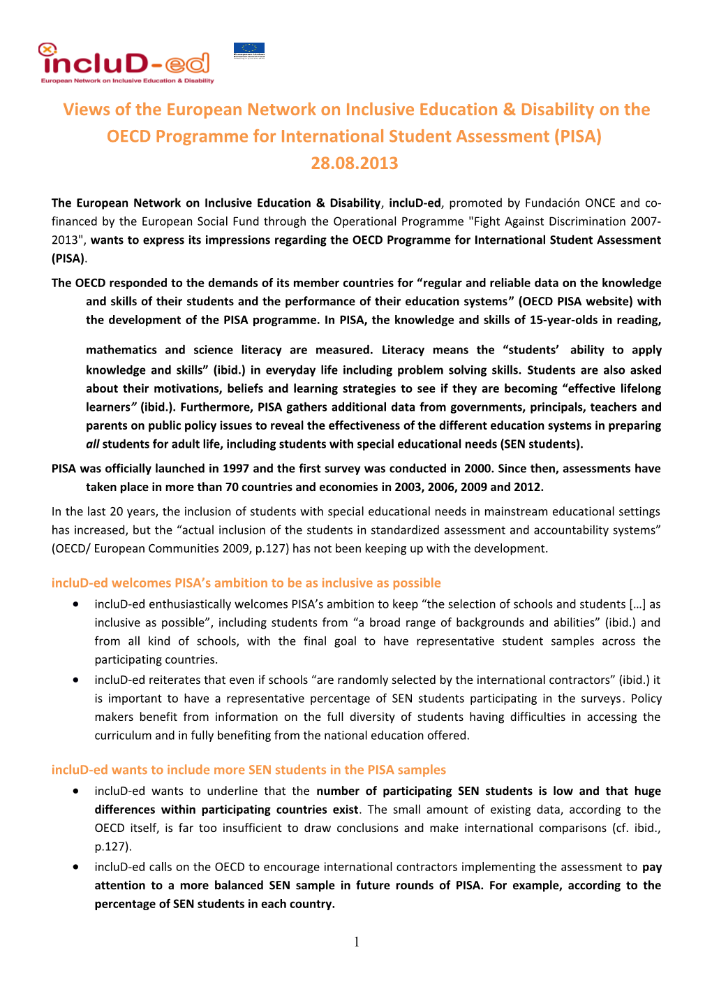 Views of the European Network on Inclusive Education & Disability on the OECD Programme