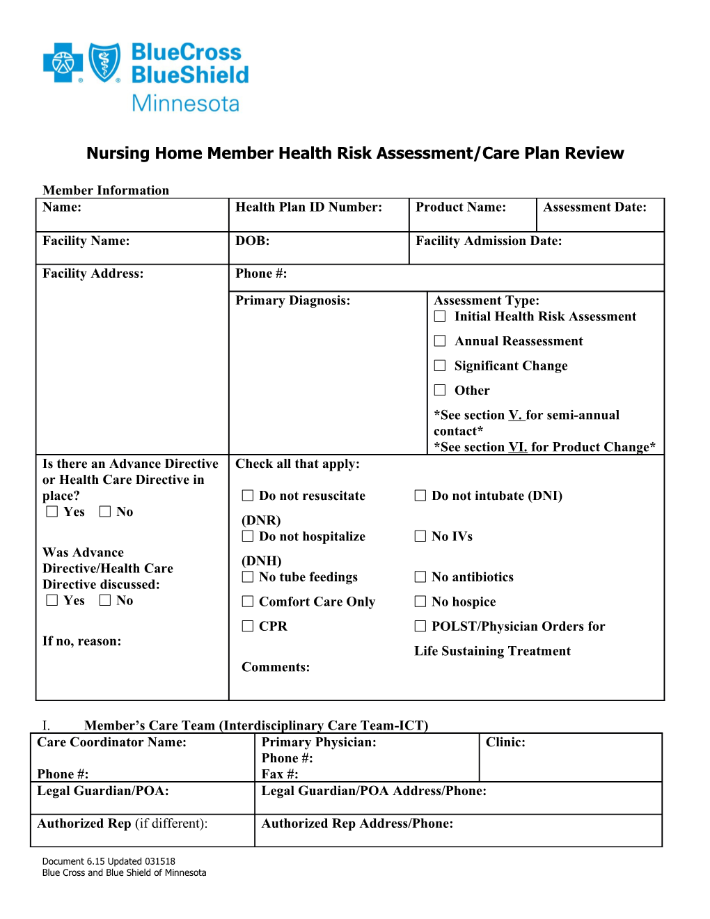 Nursing Home Member Health Risk Assessment/Care Plan Review