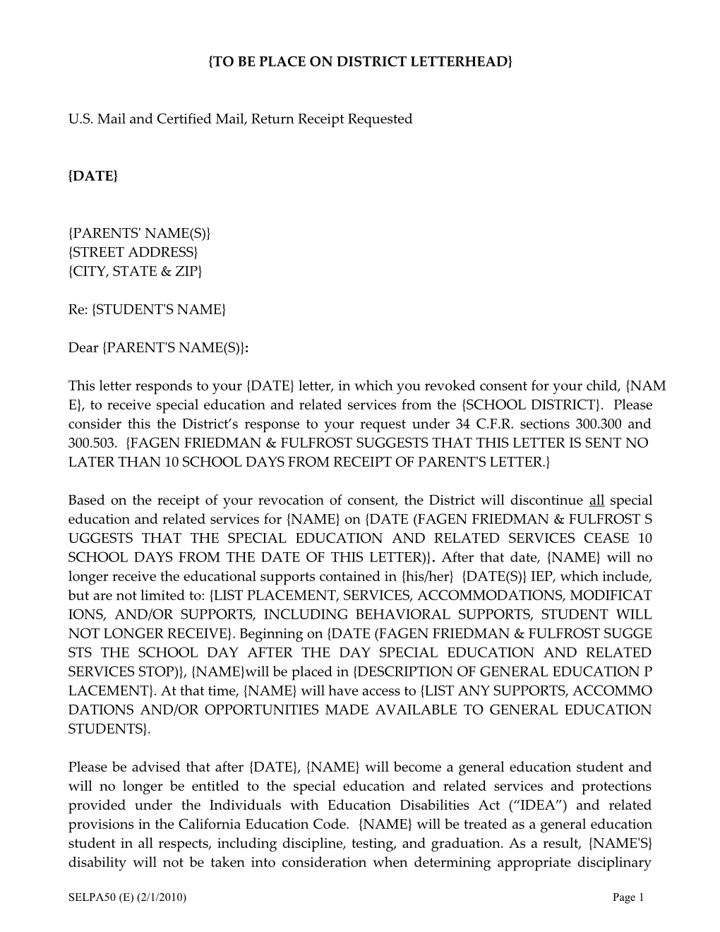 Sample Prior Written Notice Letter to Be Used When Parent Revokes Consent to Special Education