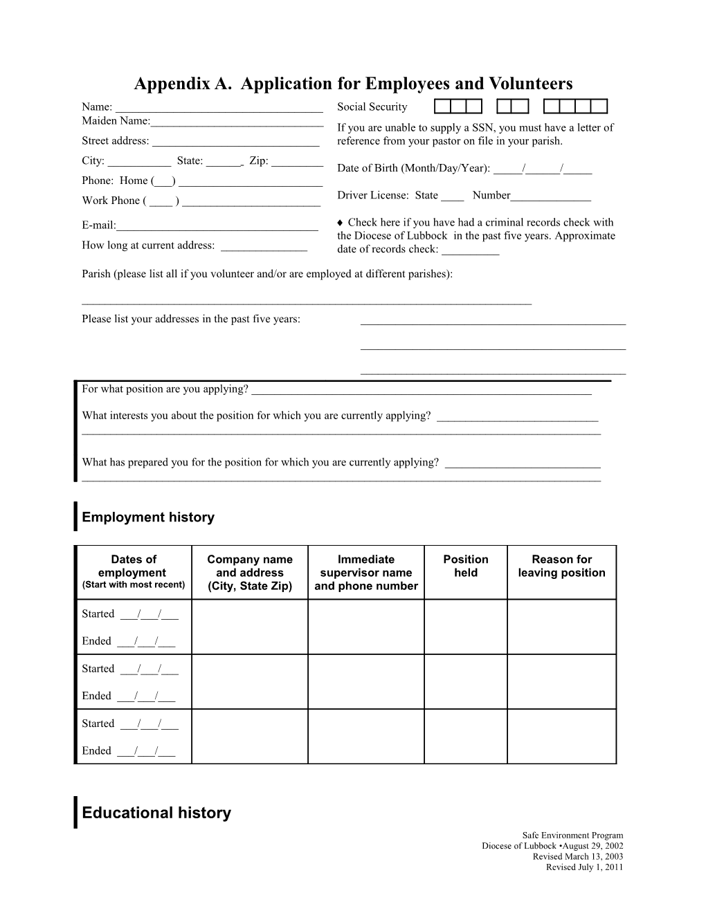 Appendix A. Application for Employees and Volunteers