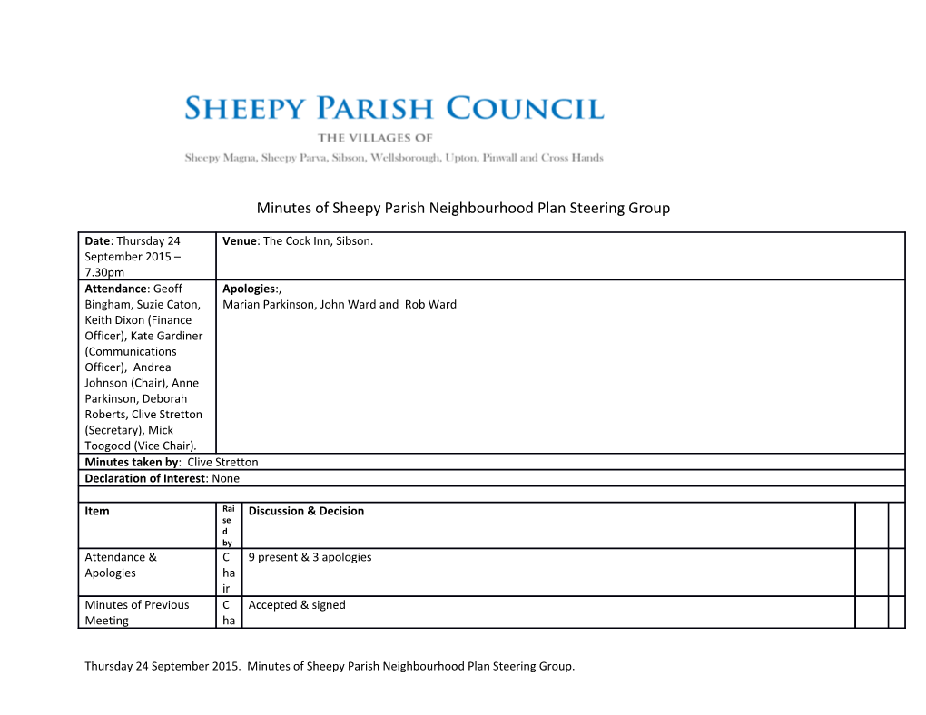 Minutes of Sheepy Parish Neighbourhood Plan Steering Group