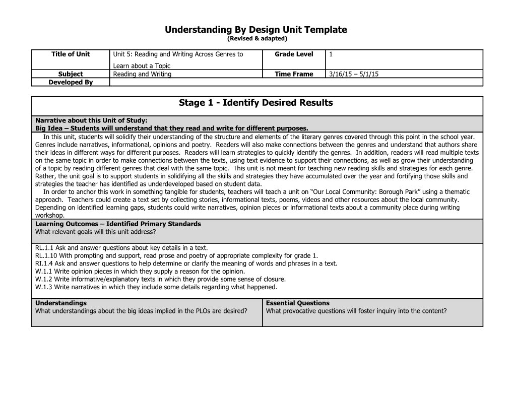 Understanding by Design Unit Template s18