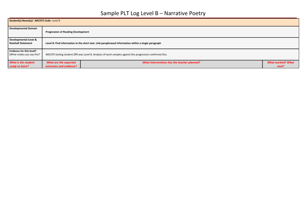 Student(S) Name(S)/ ARCOTS Code: Level B