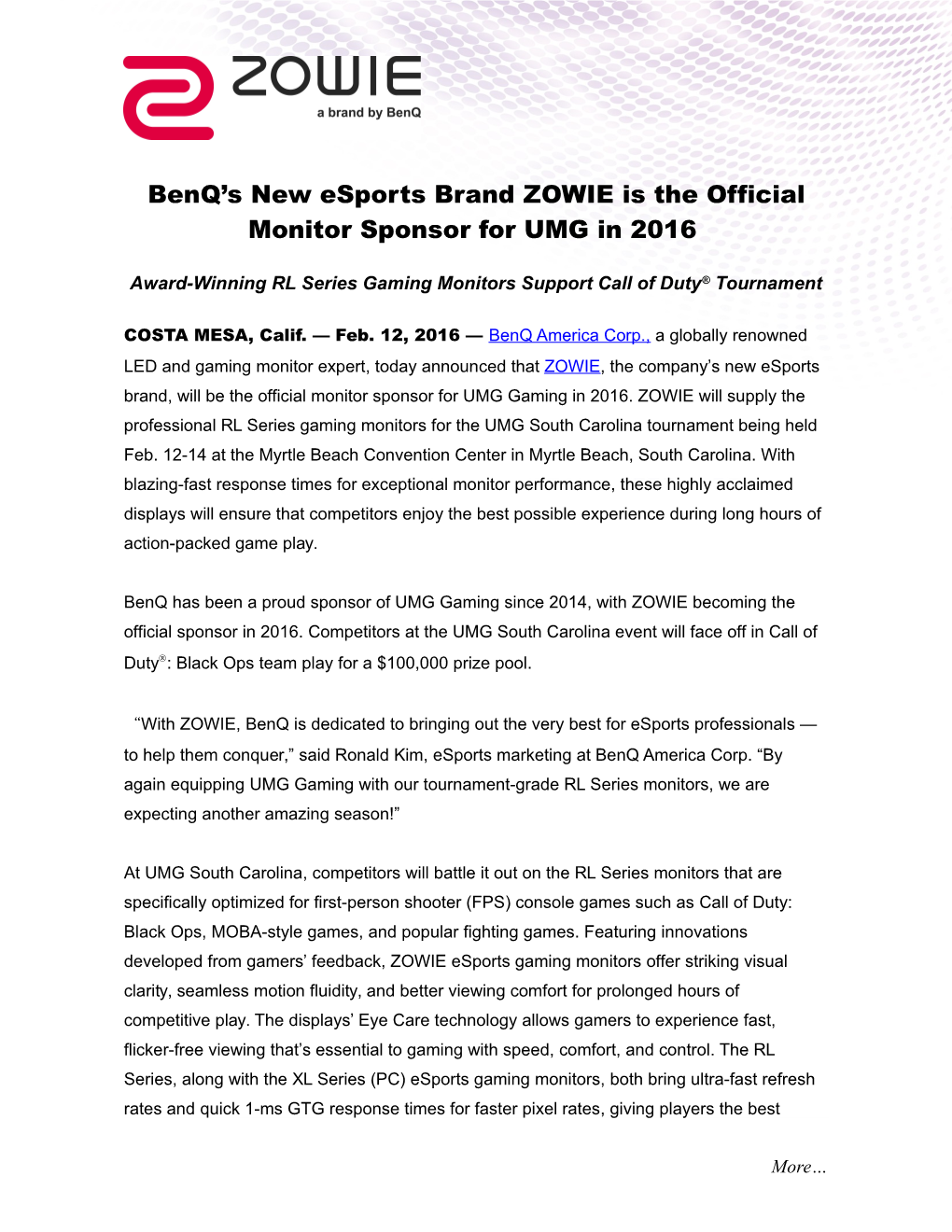 Benq S New Esports Brand ZOWIE Is the Official Monitor Sponsor for UMG in 2016