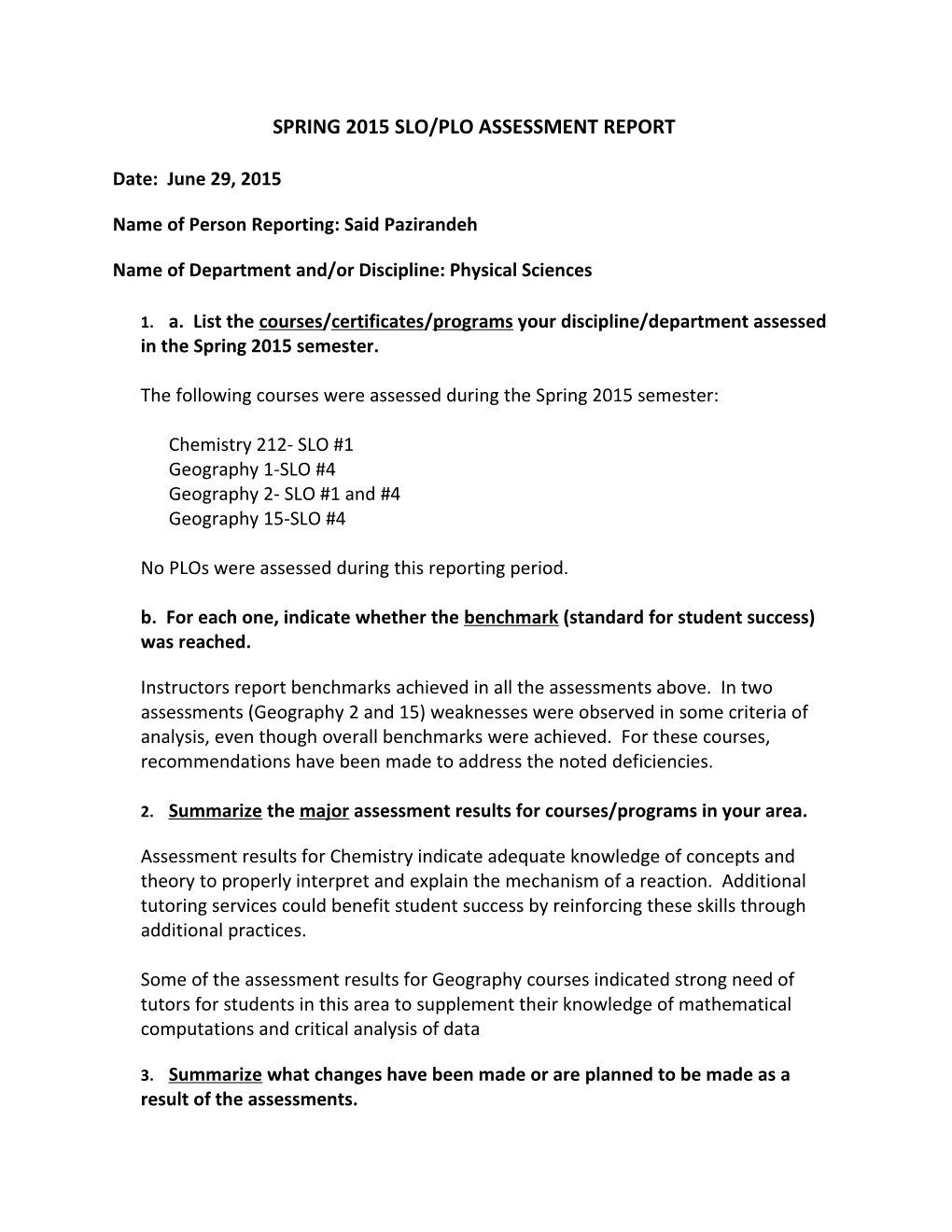 Spring 2015 Slo/Plo Assessment Report