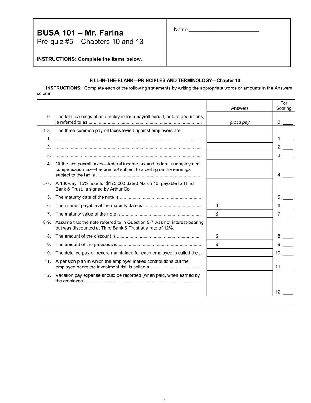 Pre-Quiz #5 Chapters 10 and 13