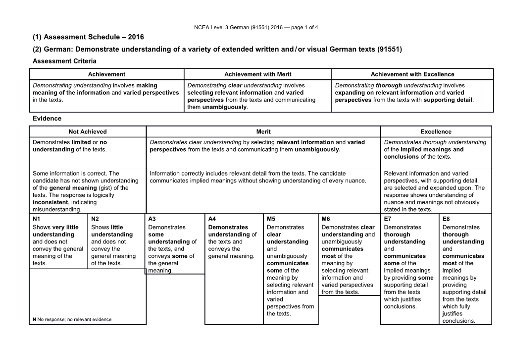 NCEA Level 3 German (91551) 2016 Assessment Schedule