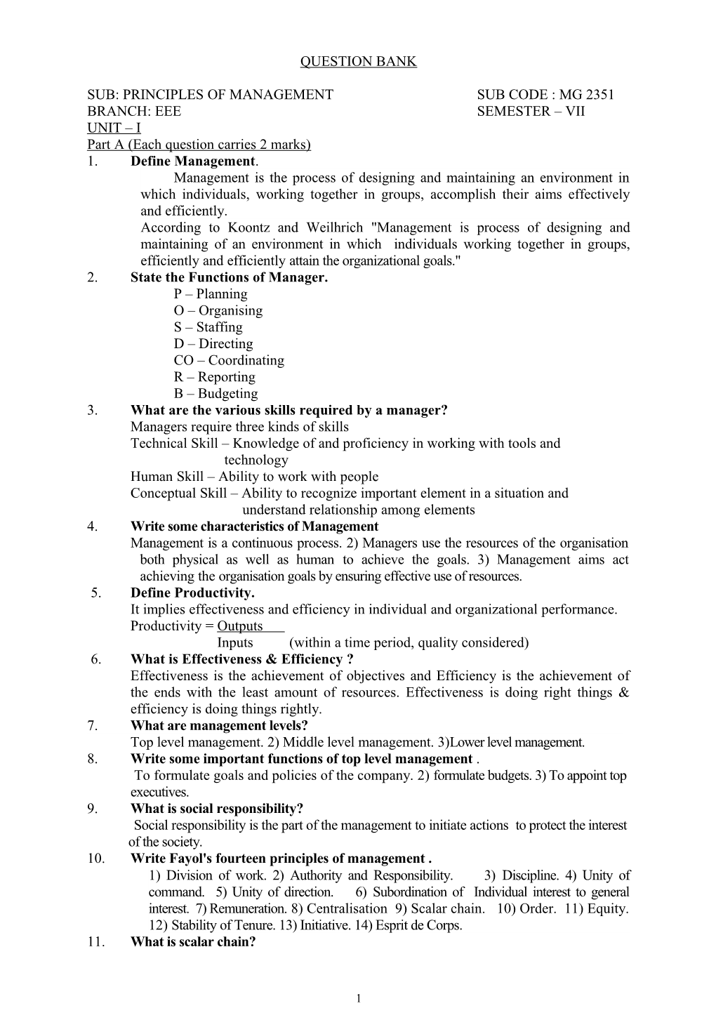 Sub: Principles of Management Sub Code : Mg 2351