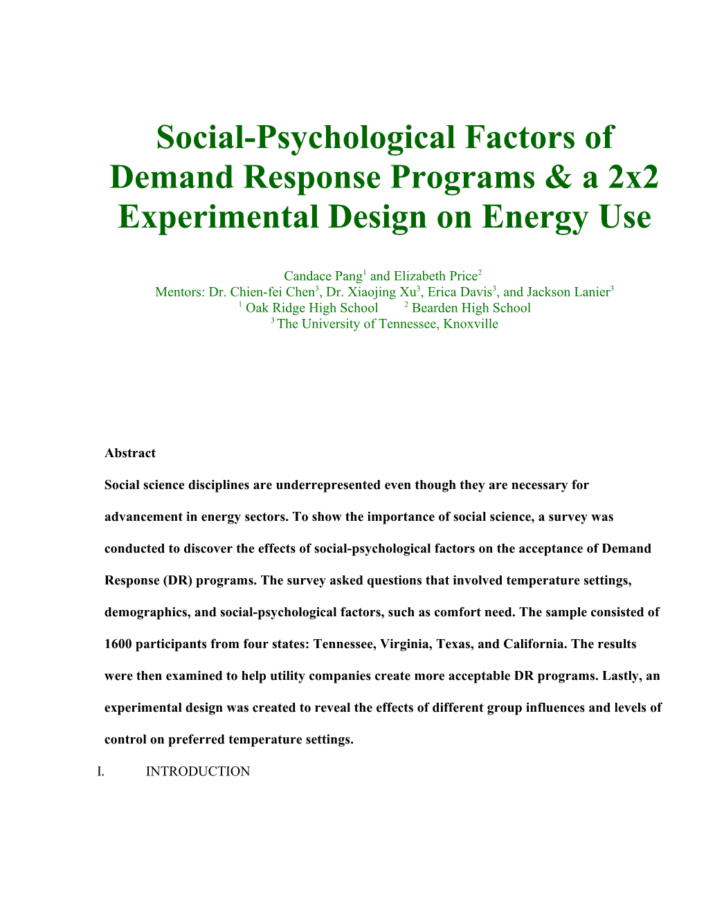 Social-Psychological Factors of Demand Response Programs & a 2X2 Experimental Design On