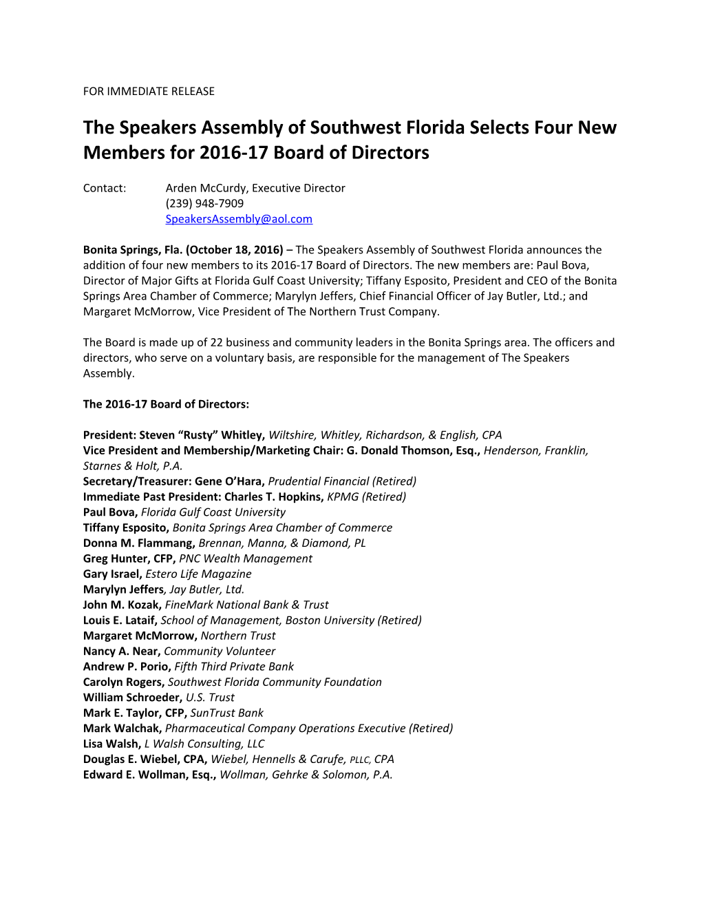 The Speakers Assembly of Southwest Florida Selects Four New Members for 2016-17 Board