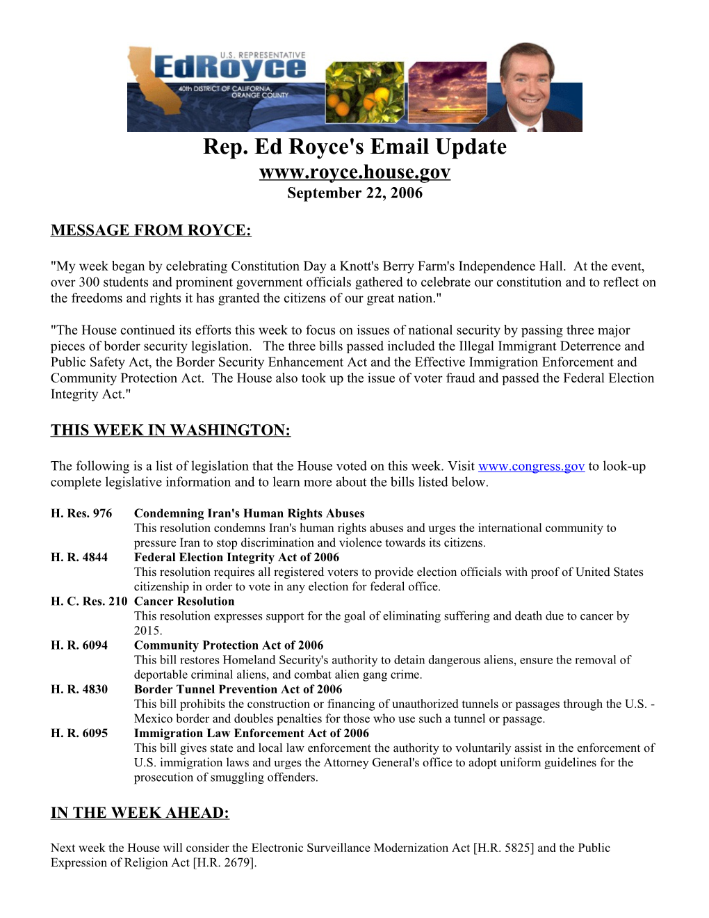 Rep. Ed Royce's Email Update s2