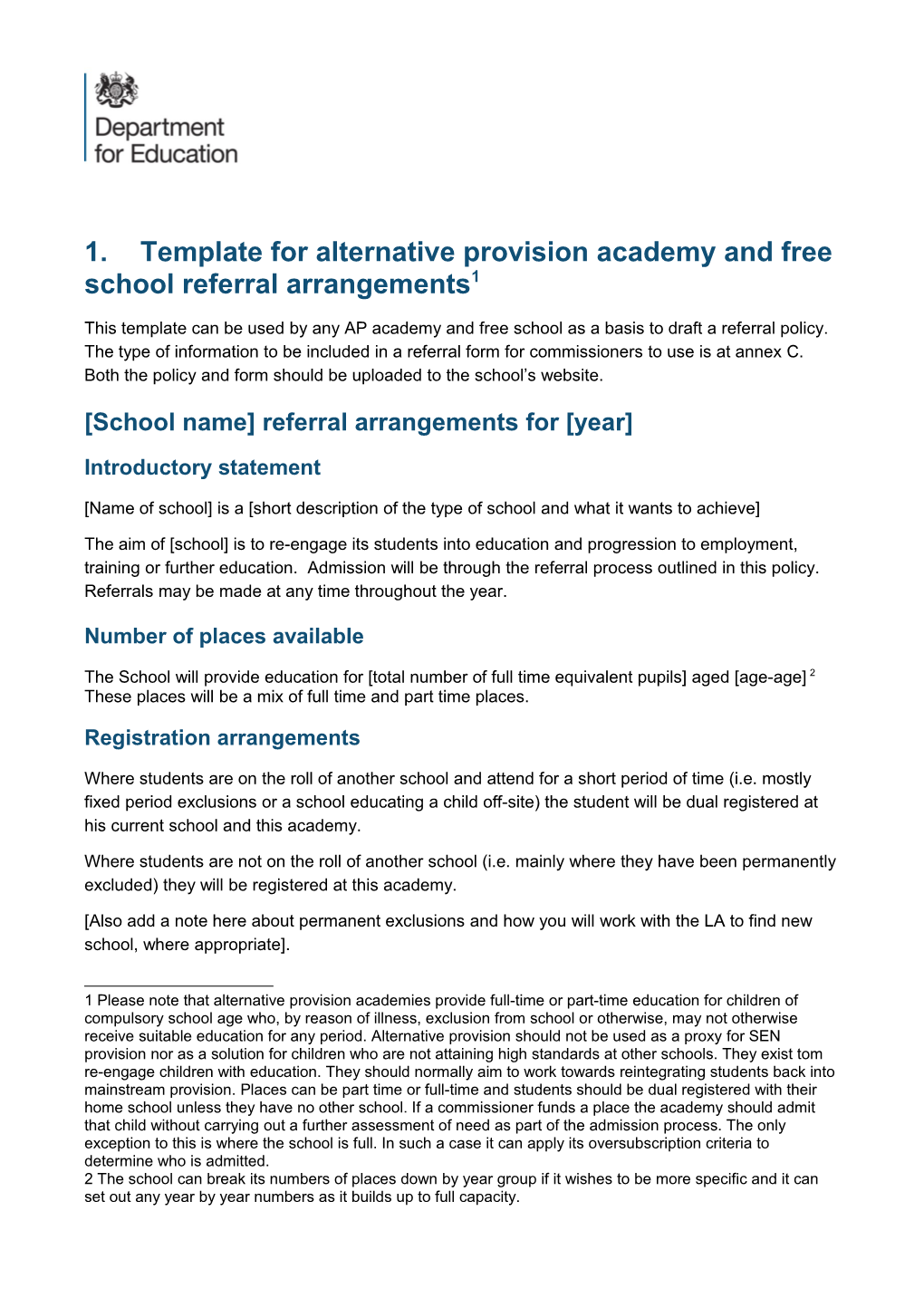 Template for Alternative Provision Academy and Free School Referral Arrangements