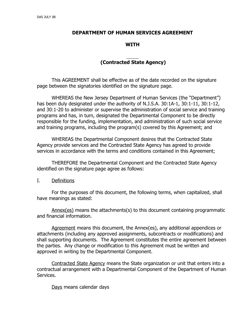 Department Of Human Services Agreement