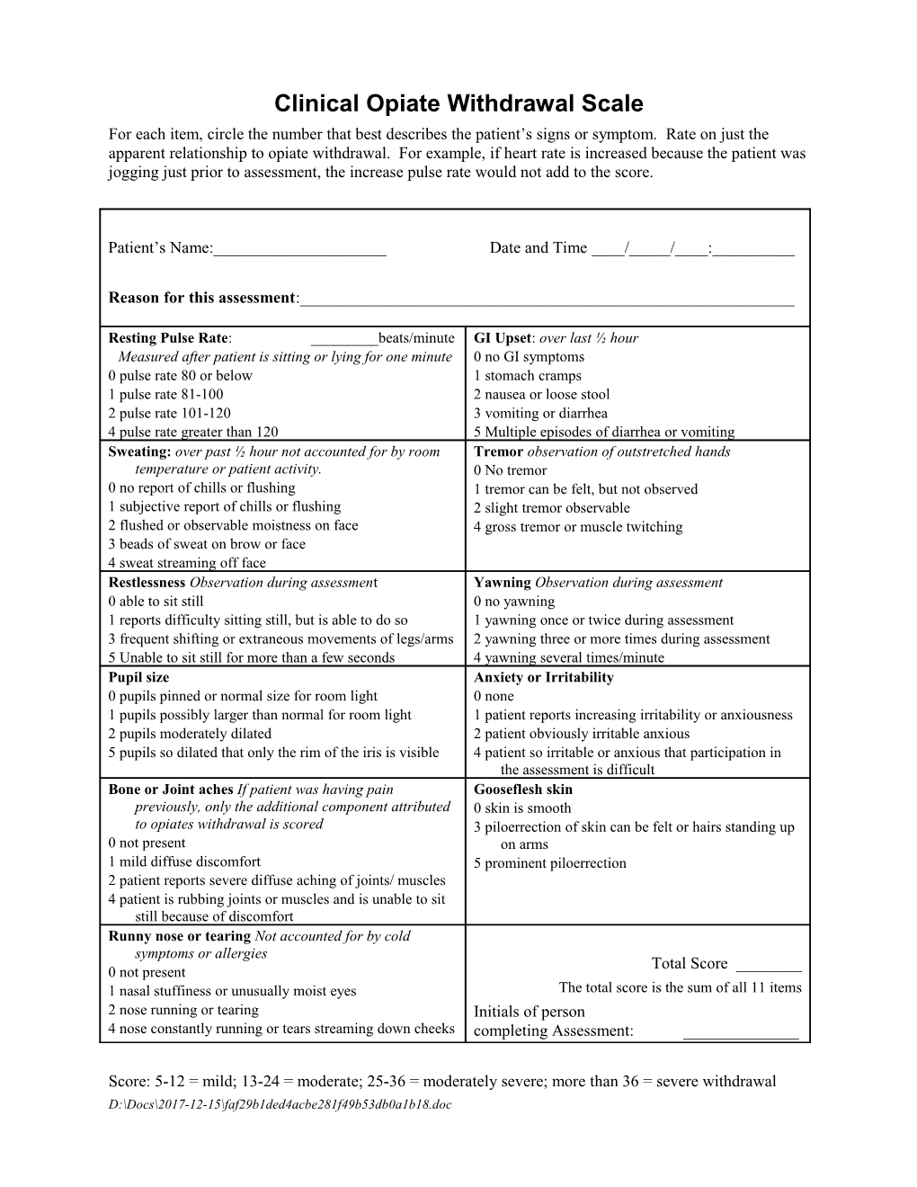 Clinical Opiate Withdrawal Scale