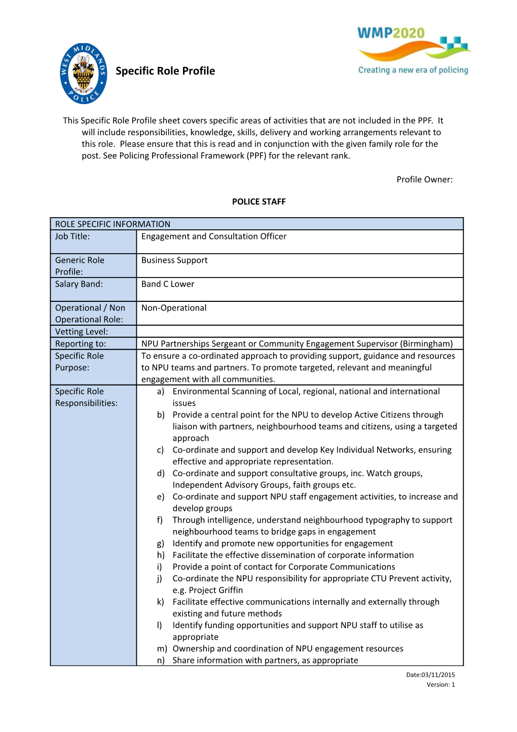 This Specific Role Profile Sheet Covers Specific Areas of Activities That Are Not Included