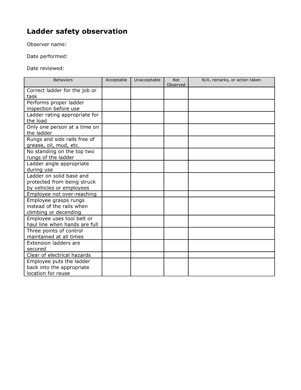 Observation Checklist Ladder Safety