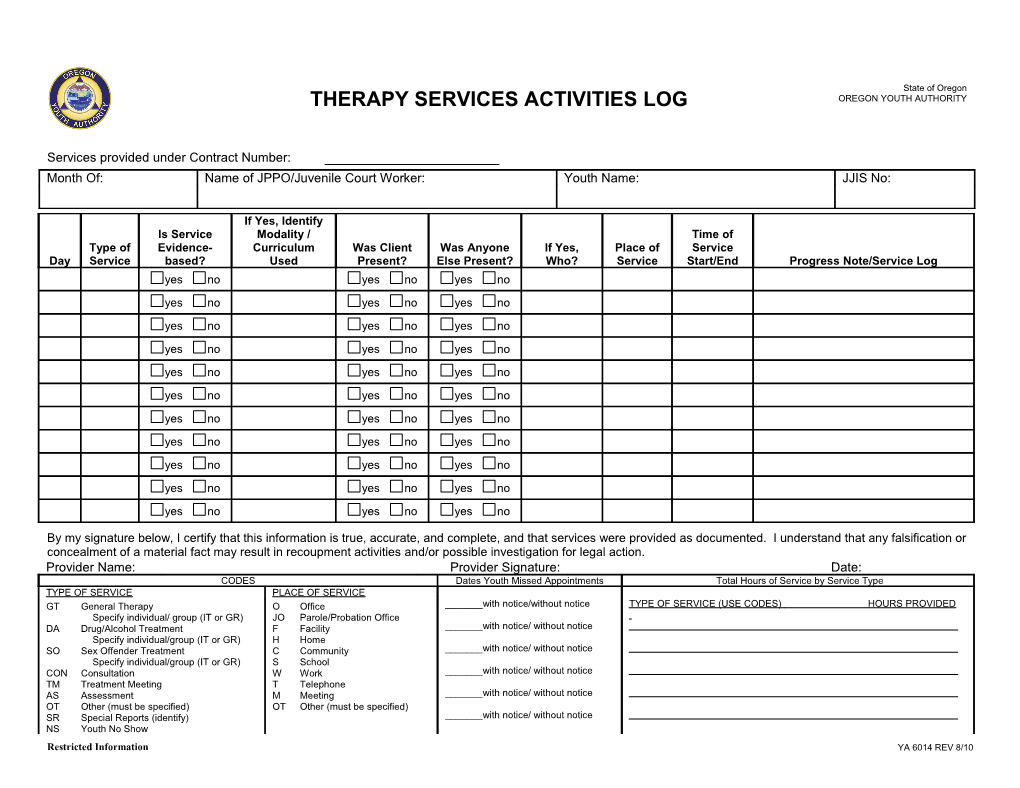 YA 6014 - Therapy Services Activities Log