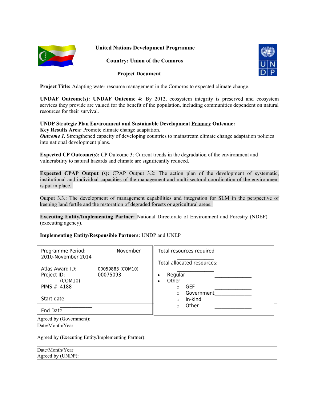 UNDP Comoros LDCF Prodoc UNDP