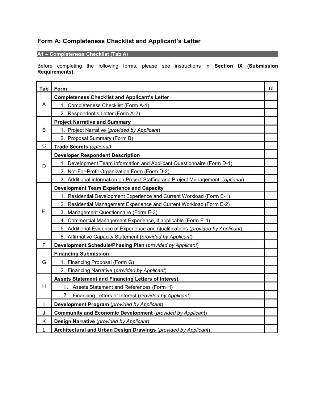 Form A: Completeness Checklist and Applicant S Letter