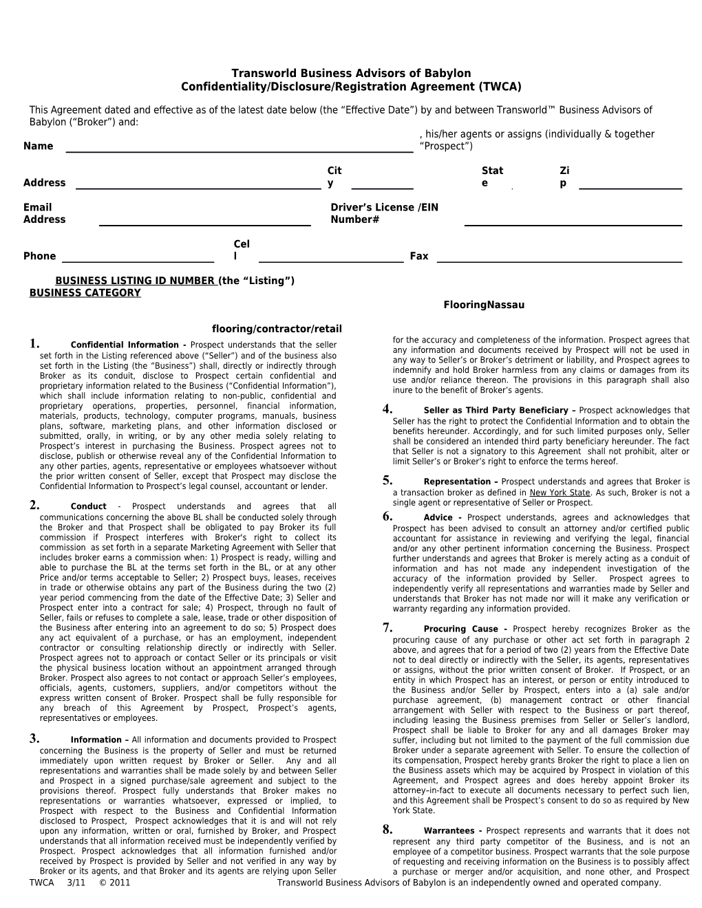 Transworld Confidentiality/Non Circumvent/Disclosure/Buyer Registration Agreement (TWCA)