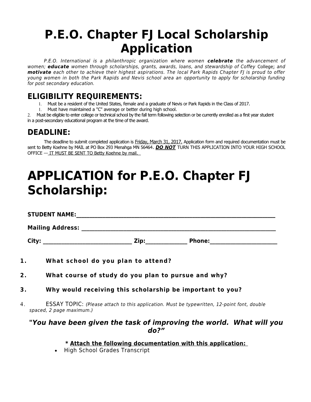 P.E.O. Chapter FJ Local Scholarship Application
