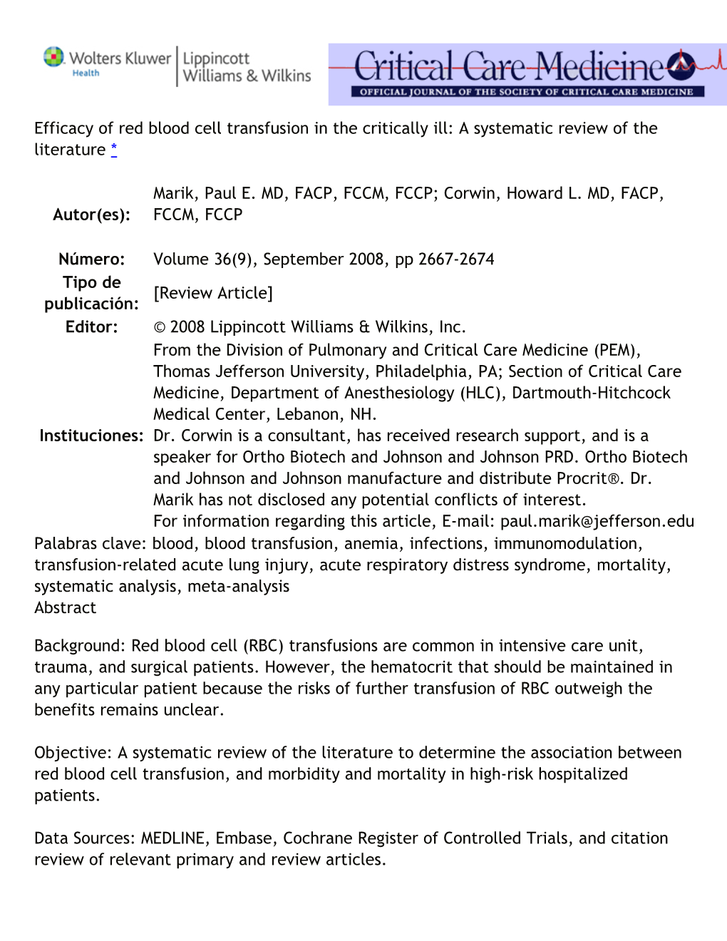 Efficacy of Red Blood Cell Transfusion in the Critically Ill: a Systematic Review of The