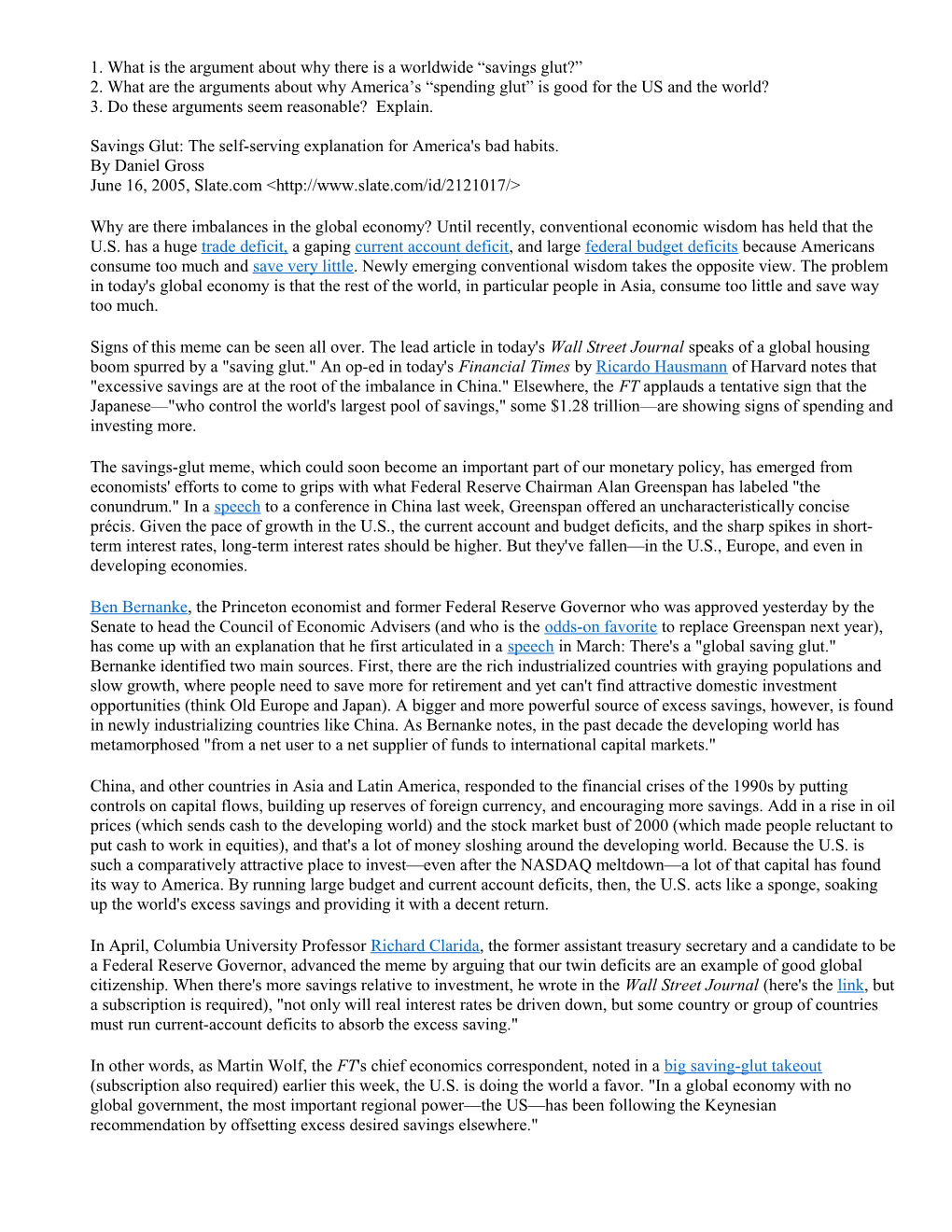 1. What Is the Argument About Why There Is a Worldwide Savings Glut?