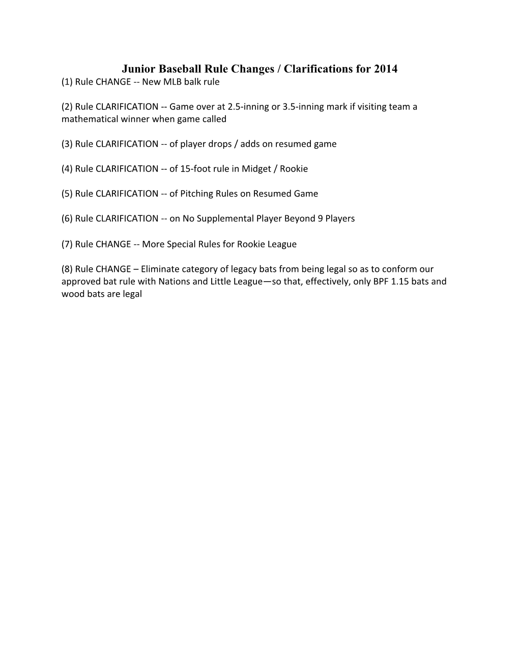 Junior Baseball Rule Changes / Clarifications for 2014