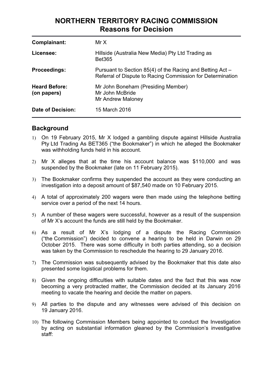 Racing Commission Decision - Mr X V Bet365