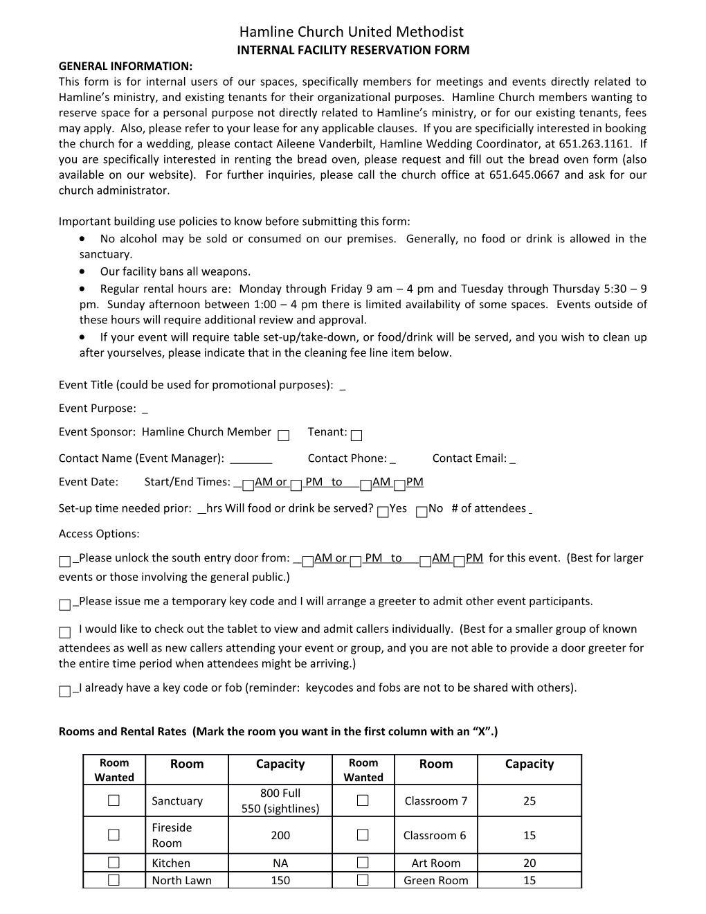 Internal Facility Reservation Form