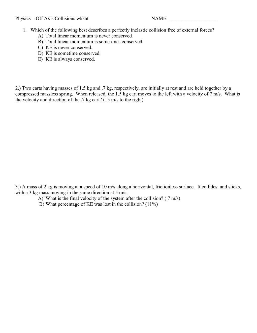 AP Physics Collisions 2 Wksht - Ch 8 in Book