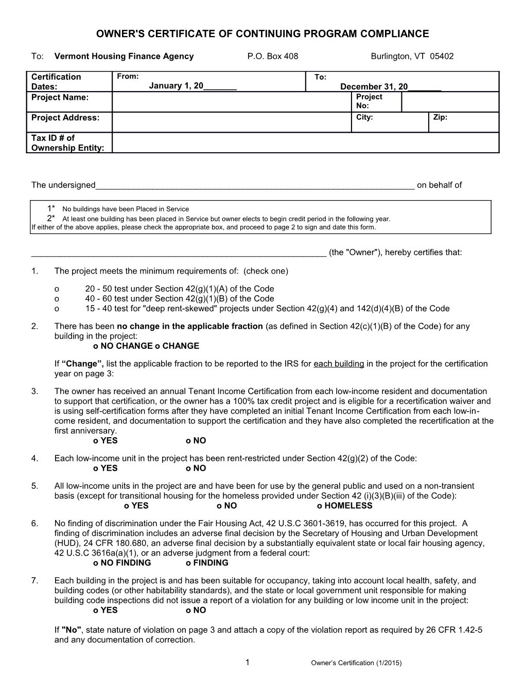 Owner's Certificate of Continuing Program Compliance