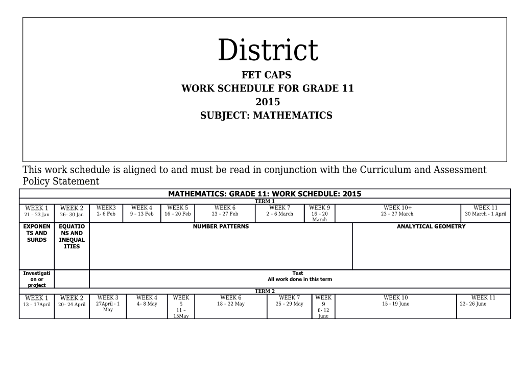 Work Schedule for Grade 11