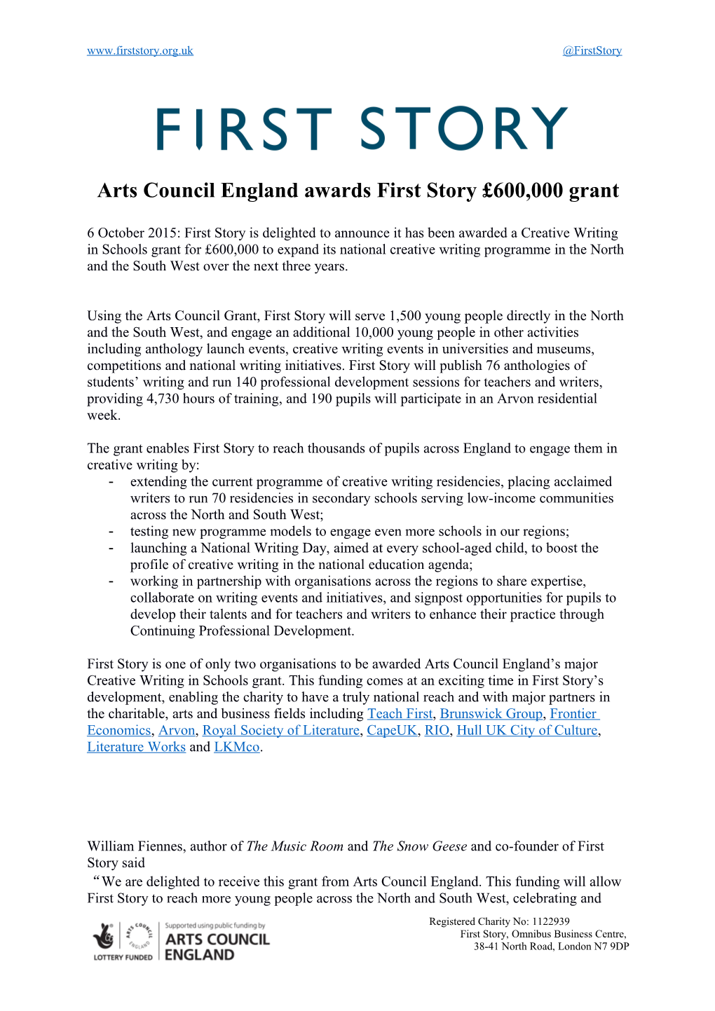 Arts Council England Awards First Story 600,000 Grant