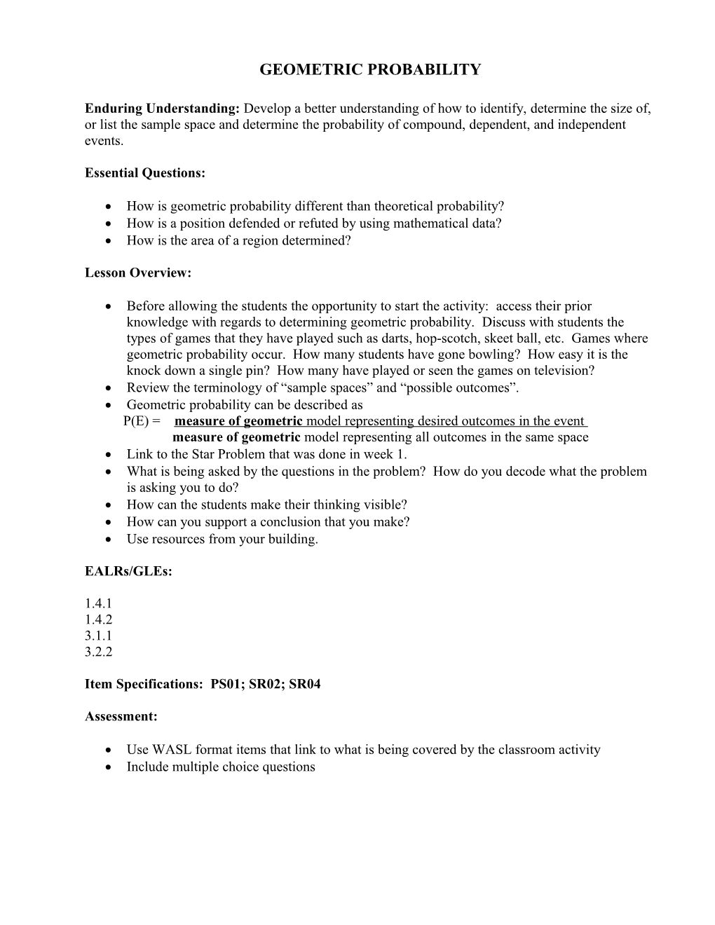 Worksheet #4 Geometric Probability