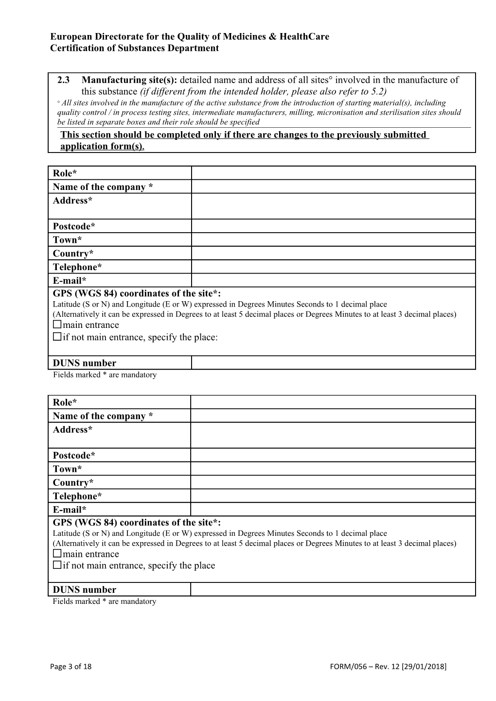 Form to Be Filled in for Each Application for a Certificate of Suitability to the Monographs