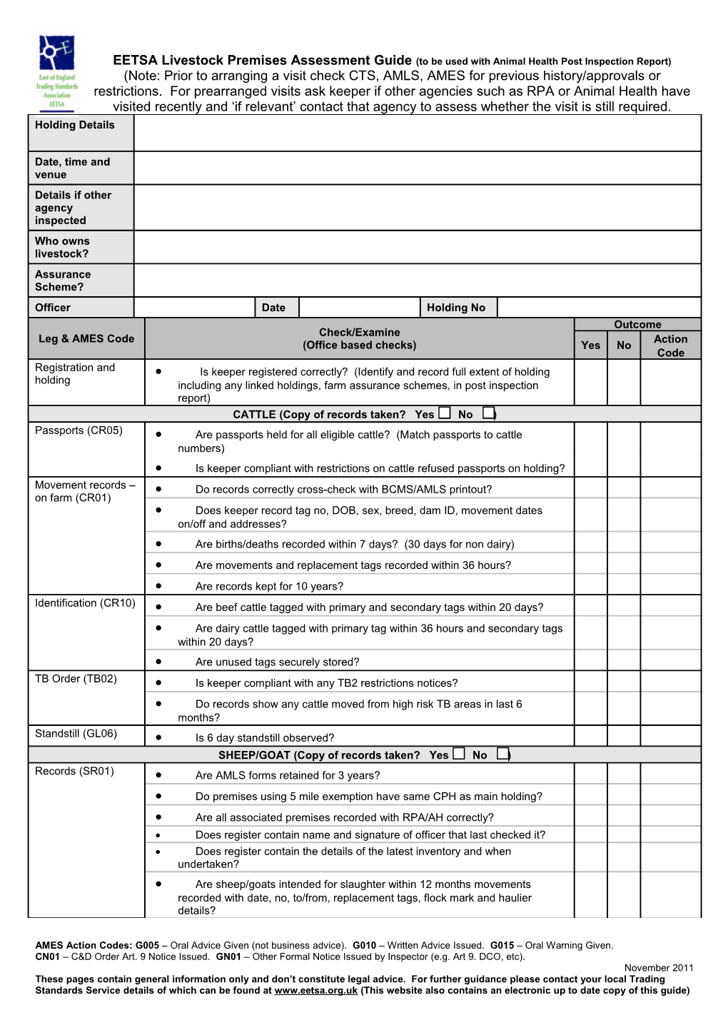 Livestock Premises Inspection Guide (Must Be Used with Animal Health Report)