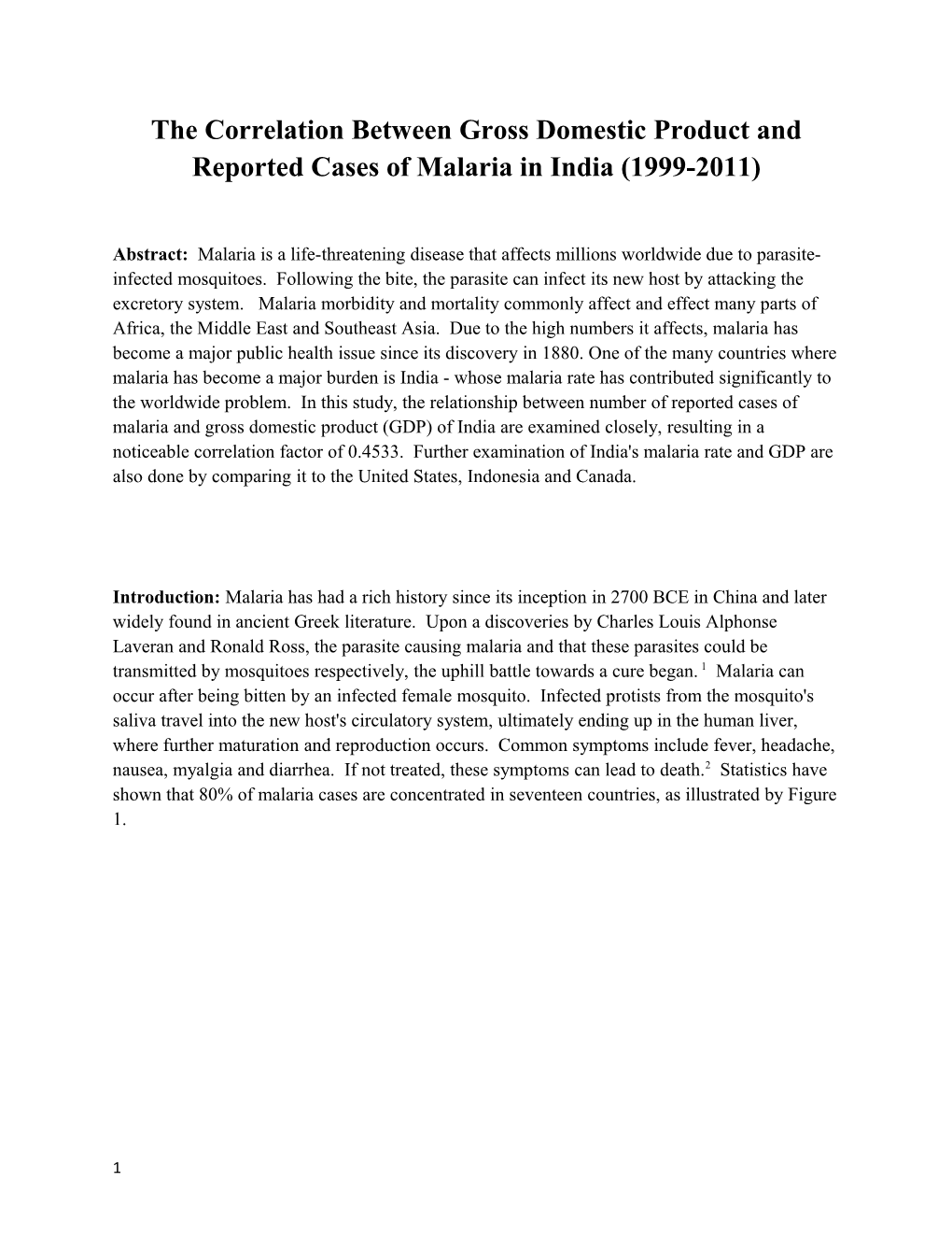 The Correlation Between Gross Domestic Product and Reported Cases of Malaria in India