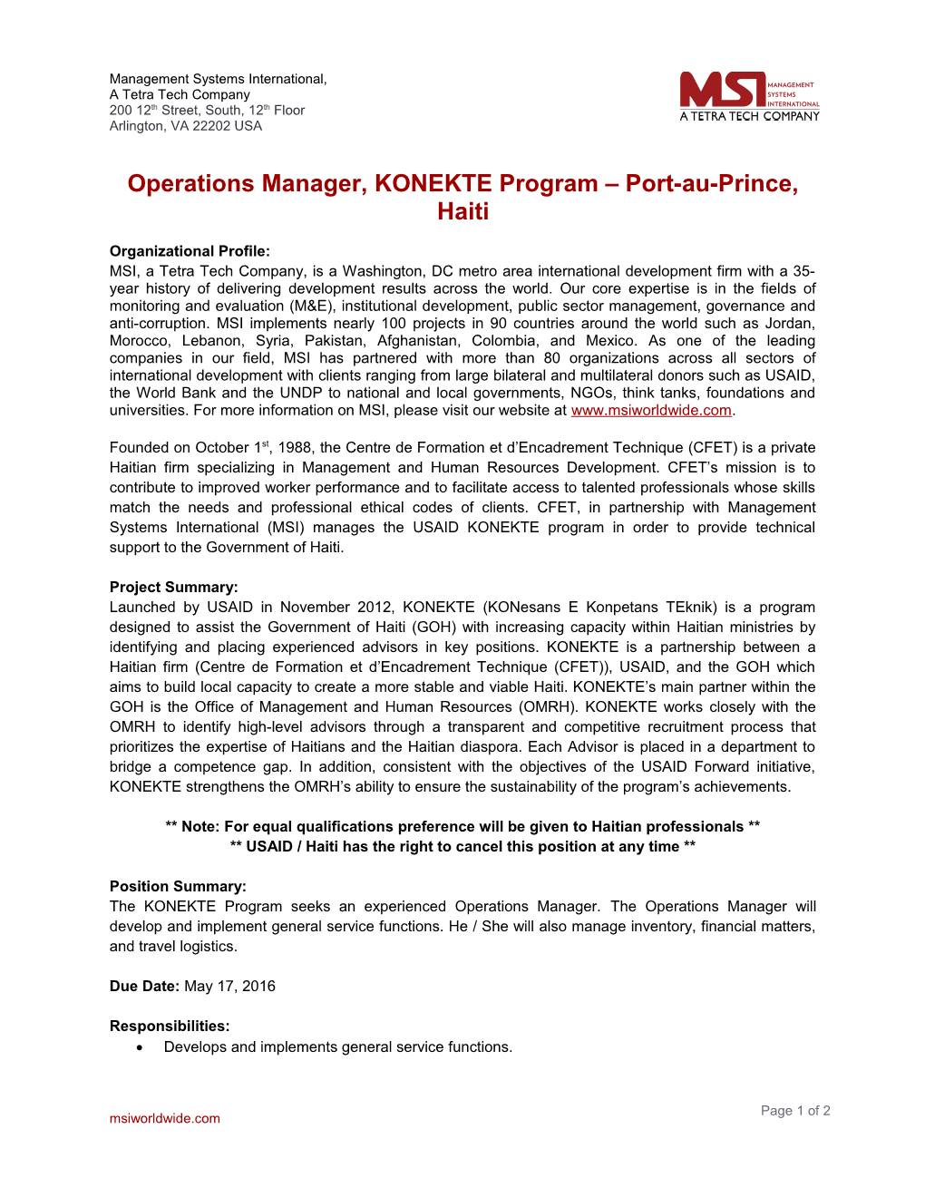 Operations Manager, KONEKTE Program Port-Au-Prince, Haiti