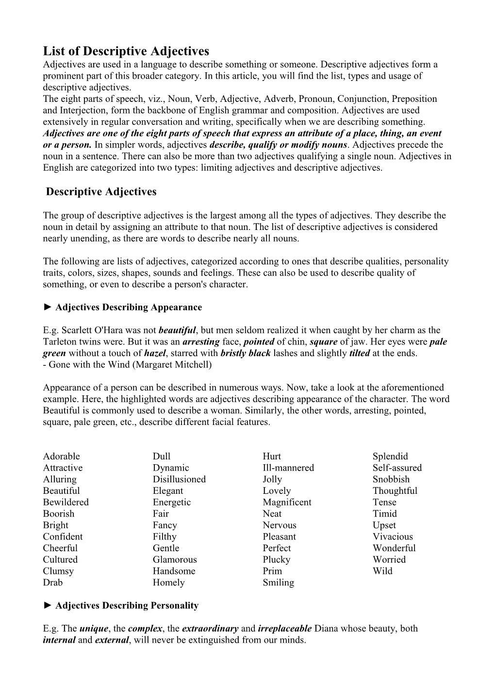 List Of Descriptive Adjectives