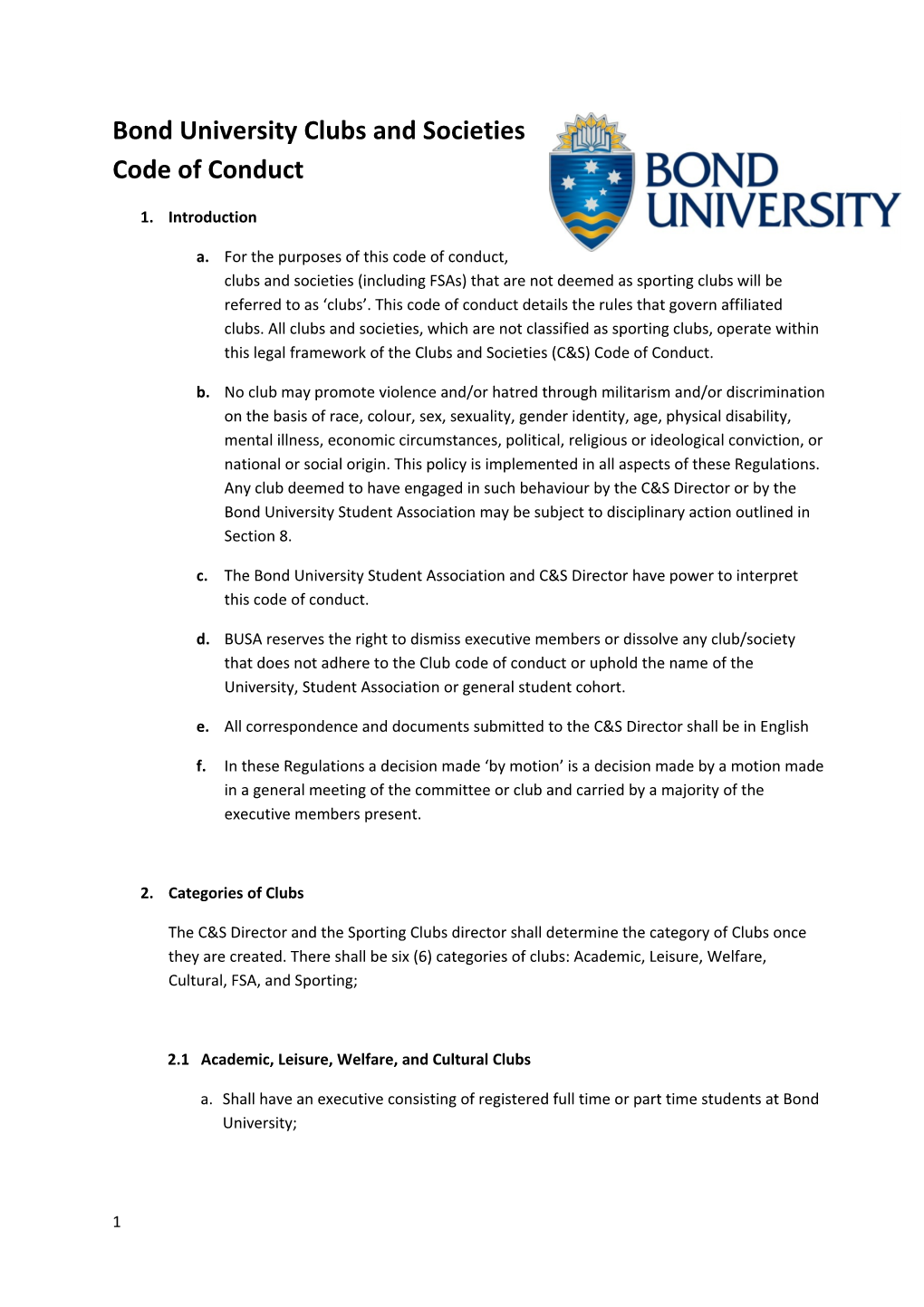 Bond University Clubs and Societies Code of Conduct