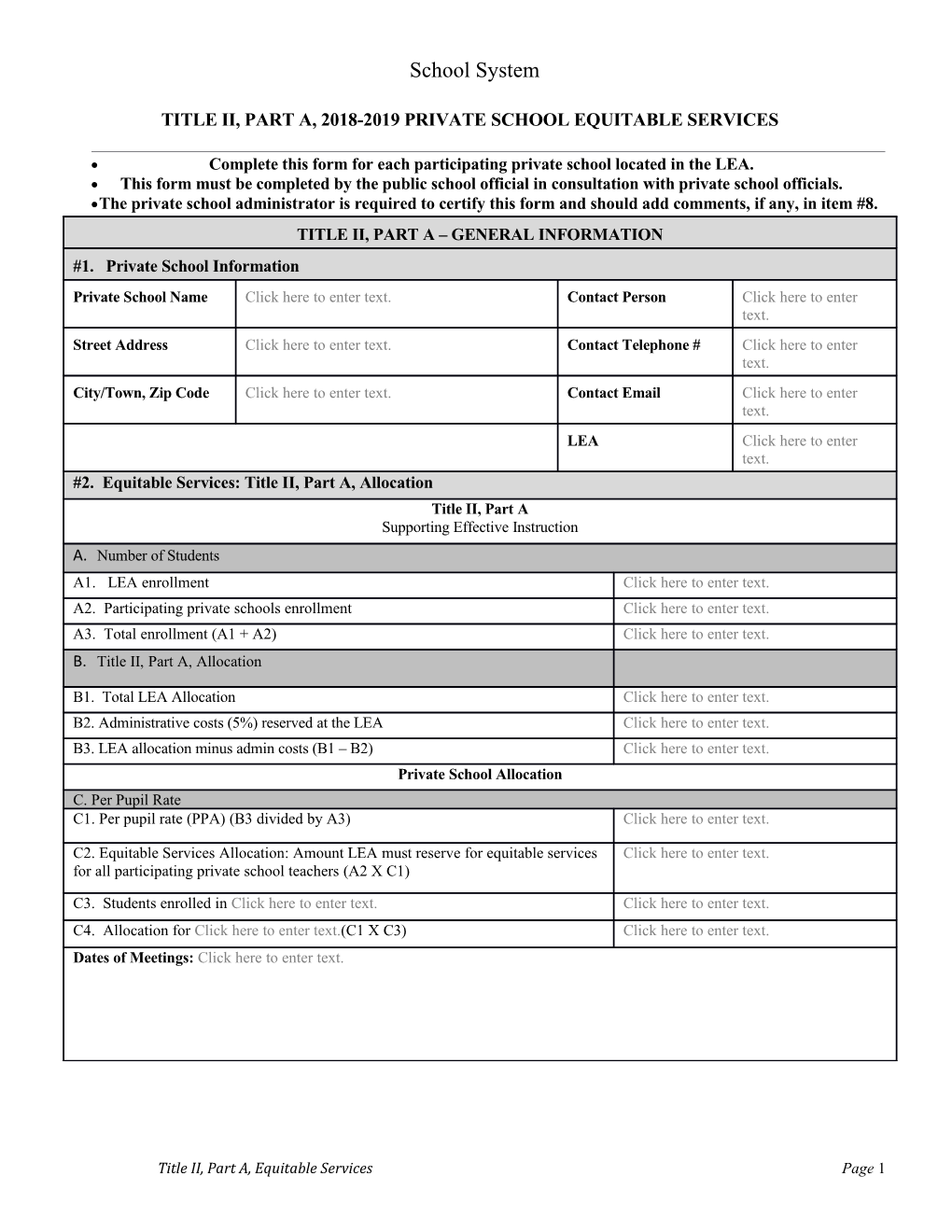 Title II, Part A, 2018-2019PRIVATE School Equitable Services