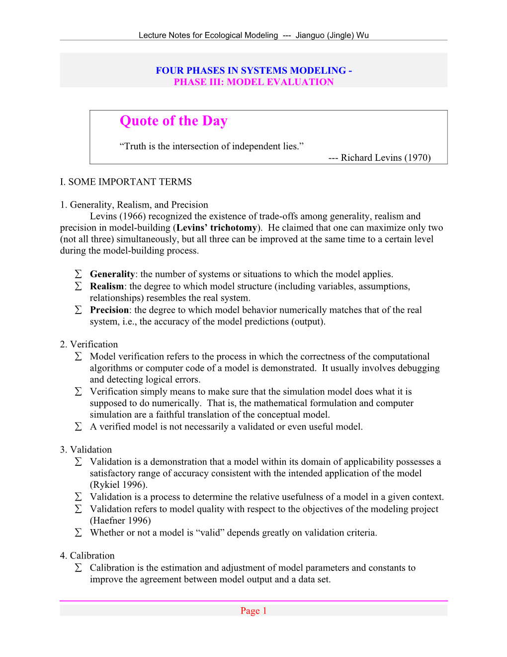 Lecture Notes for Ecological Modeling Jianguo (Jingle) Wu