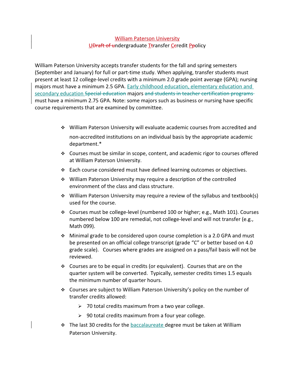 Udraft of Undergraduate Ttransfer Ccredit Ppolicy