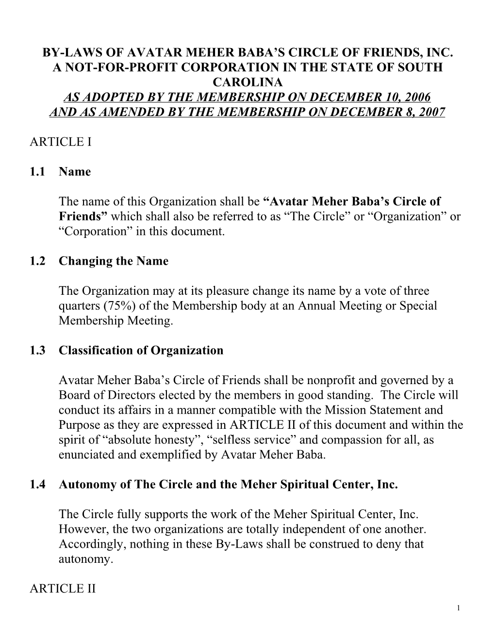 BY-LAWS of Avatar Meher Babaâ S Circle of Friends (Myrtle Beach Chapter) a NOT-FOR-PROFIT