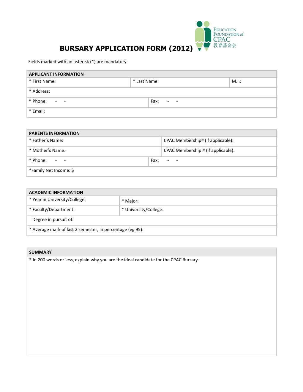 CPAC Bursary Application Form