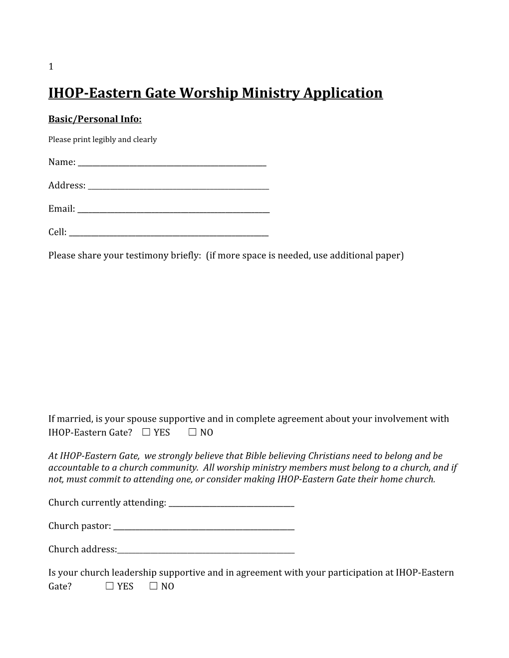 IHOP-Eastern Gate Worship Ministry Application