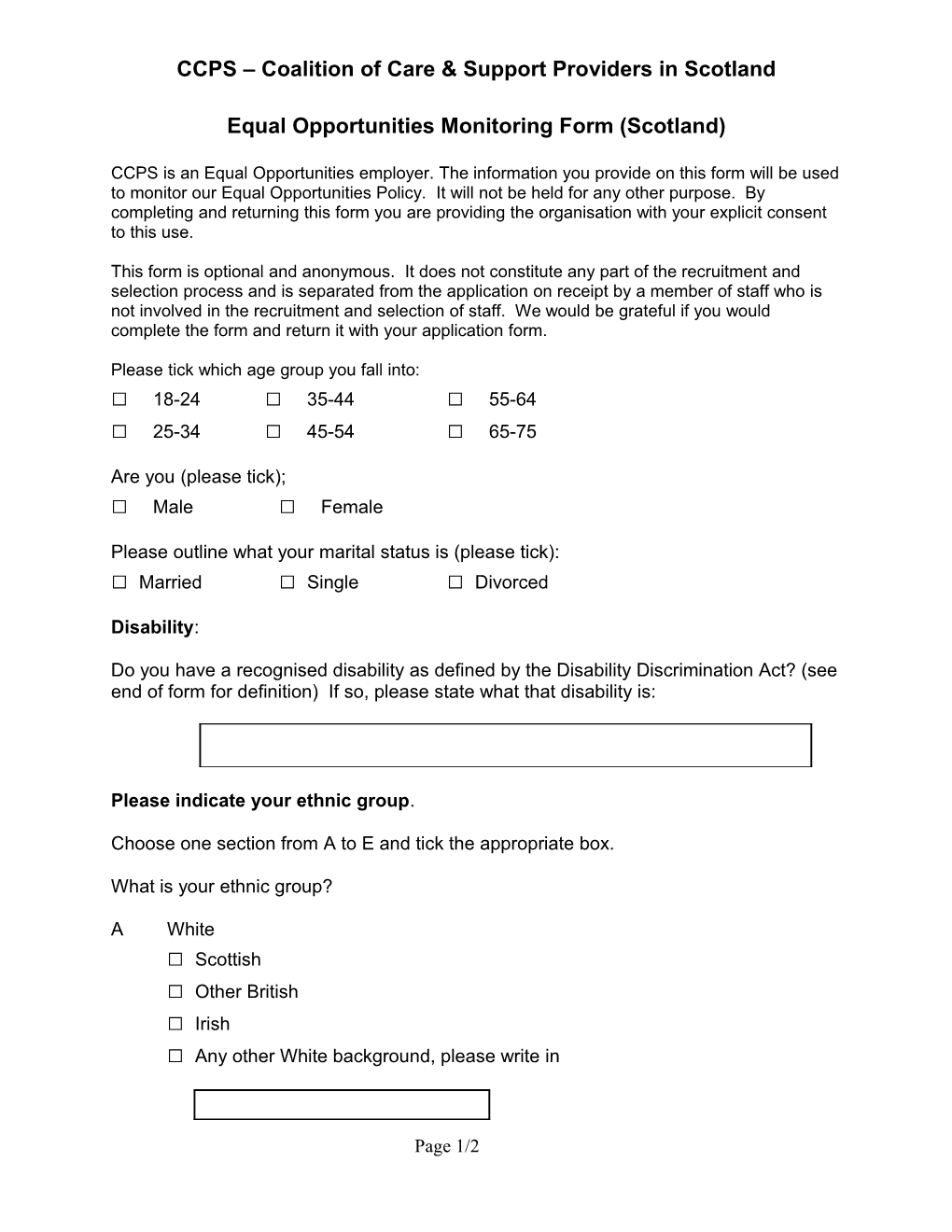 Equal Opportunities Monitoring Form (Scotland)