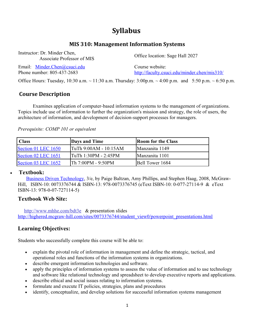 MIS 310: Management Information Systems