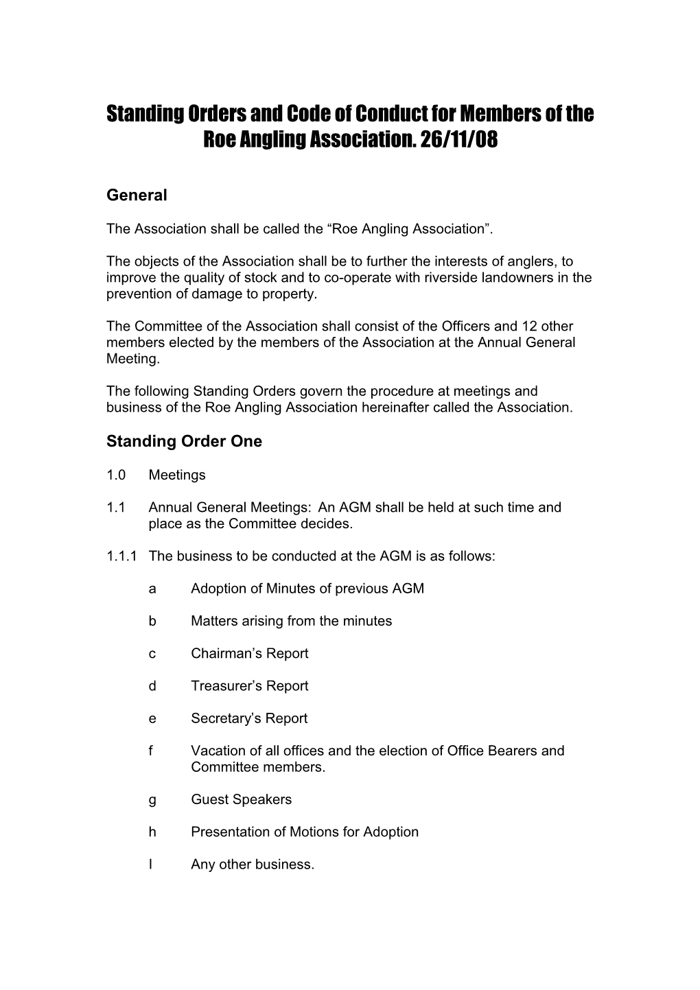 Standing Orders and Code of Conduct for Members of the Roe Angling Association